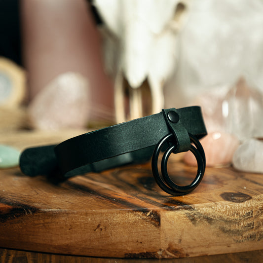 Genuine Leather Double O-Ring Choker | All Black | Alternative Accessories