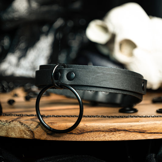 All Black Single O-Ring Collar Choker |Handmade Real Leather| For Edgy, Gothic, Kinky style