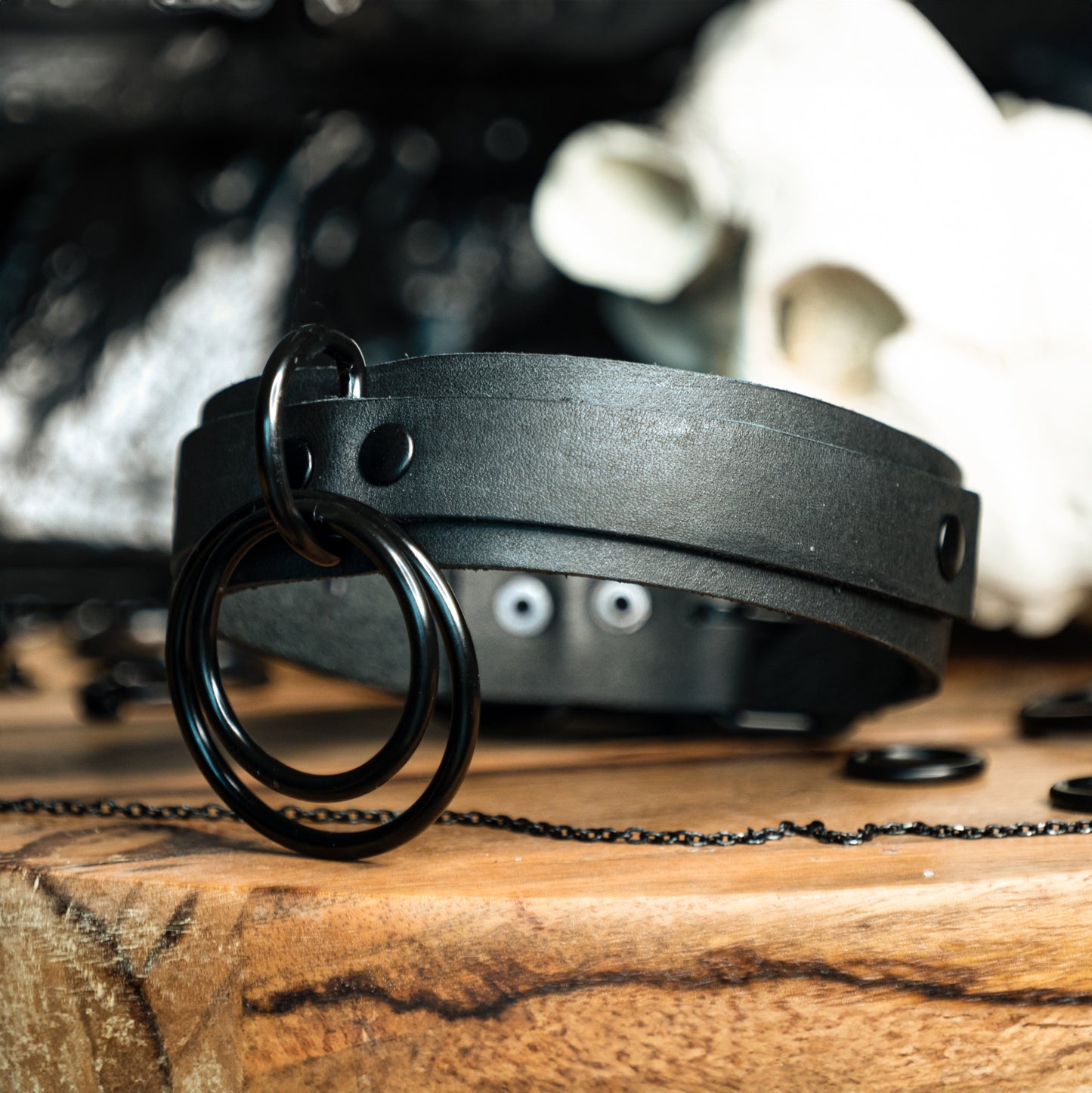 Real Leather Double O-Ring Collar Choker in All Black - Edgy, Gothic and Unique Accessory