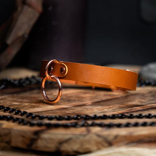 Brown Genuine Leather with Rose Gold Hardware O-Ring Choker
