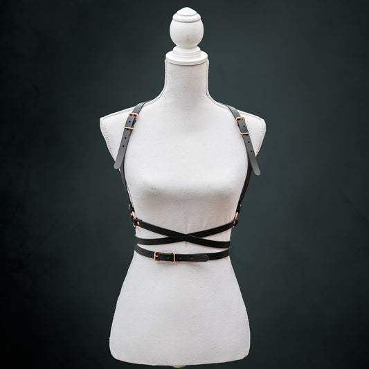 Black and Rose Gold Body-Wrap Waist Harness | Genuine Leather | Custom Handmade