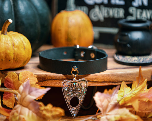 Black Leather Choker with Ouija Pendant - Handmade  - Halloween Jewelry
