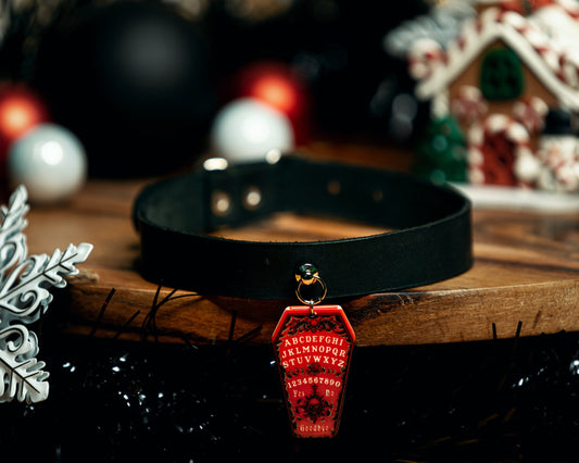 Handmade Genuine Leather Choker with Red Coffin Pendant - Perfect for Halloween Enthusiasts
