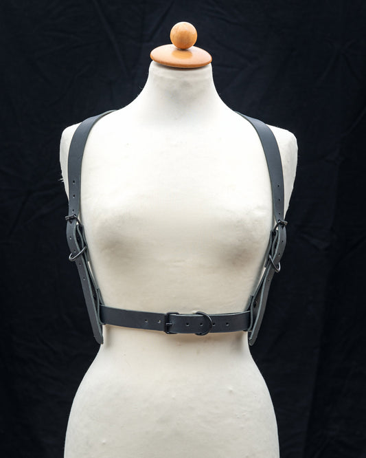 All Black Leather Harness with Black Hardware - Gothic Fetish Accessory