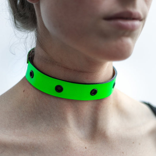Neon Green Eyelets Choker, Genuine Leather Limited Edition