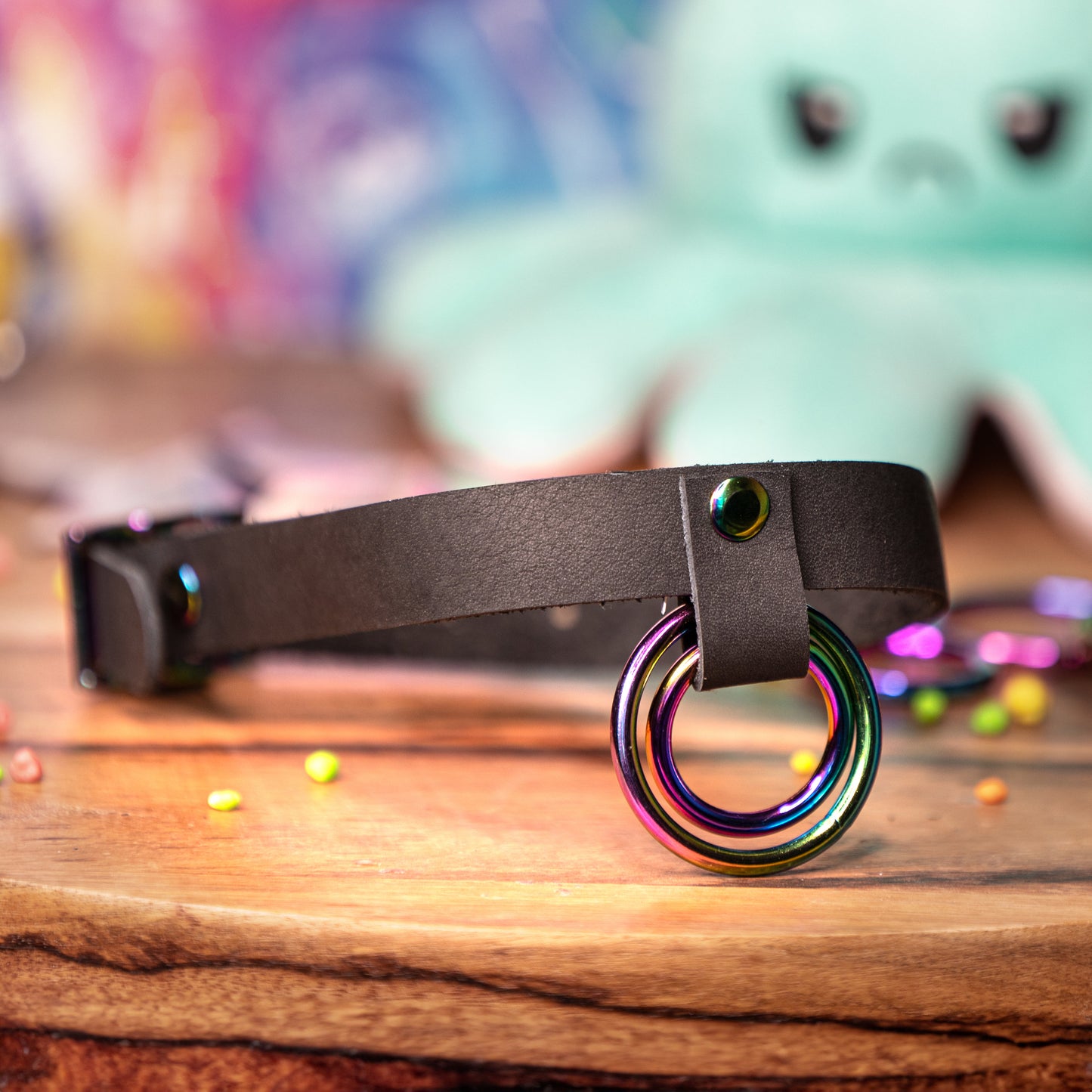 Genuine Leather Choker with Double O-Ring - Black with Rainbow Hardware - Perfect for Raves and Festivals