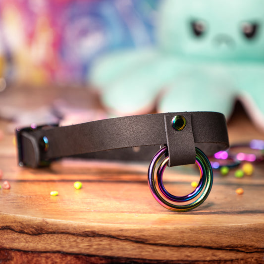 Genuine Leather Choker with Double O-Ring - Black with Rainbow Hardware - Perfect for Raves and Festivals