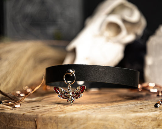 Genuine leather choker with Moth pendant