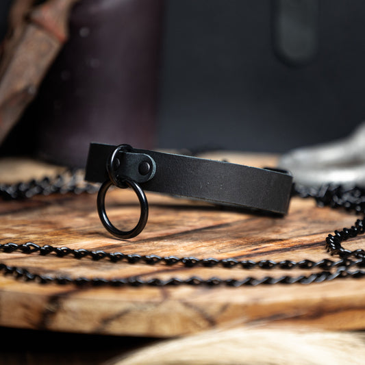 Black Genuine Leather with Black Hardware O-Ring Choker
