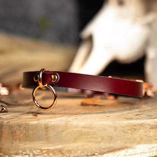 Dark Red with Rose Gold Genuine Leather Small O-Ring Choker